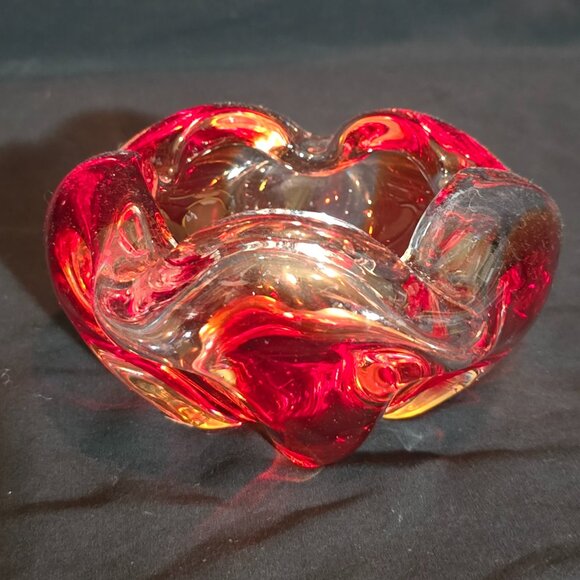 Murano Art Glass Red Orange Clear Crimped Ashtray / Dish - 5 1/2" x 3" H - Picture 4 of 5